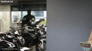 Anne - Braless Forever flashing camera in busy moterbike store.